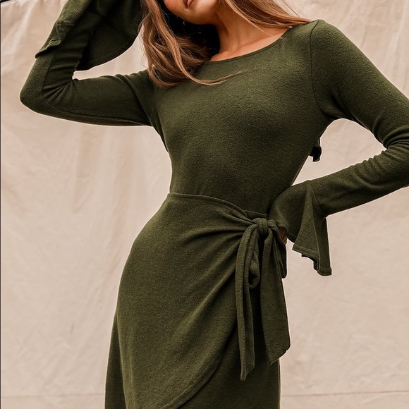 LULU’S Olive Green Wrap Sweater Dress - Size Small - Picture 3 of 6